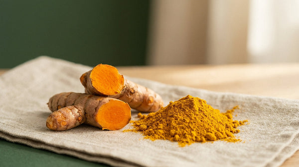 Frische Kurkuma-Wurzeln mit orangefarbener Bruchstelle neben goldgelbem Kurkumapulver