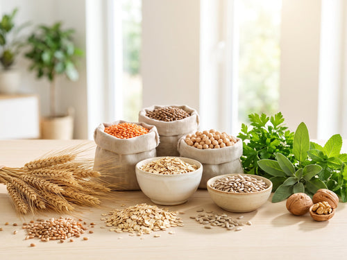 Whole grain ears, grains and legumes in linen sacks on light wood