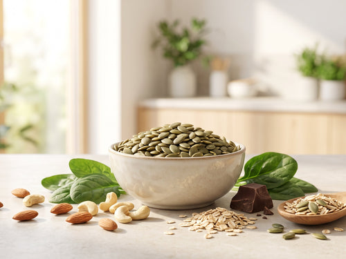 Bowl with pumpkin seeds, next to almonds, oats, and spinach leaves
