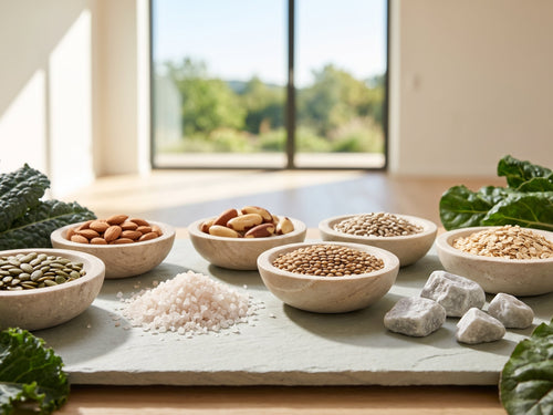 Seeds, nuts and legumes in stone bowls on a light slate board