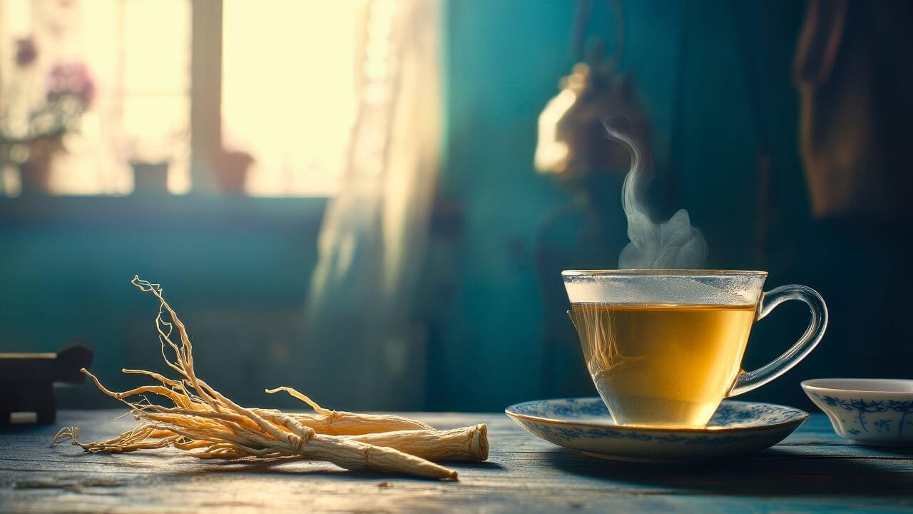 Eine Tasse Panax Ginseng-Tee mit Wurzeln, dampfend auf einem Tisch, symbolisiert Gesundheit und Vitalität.
