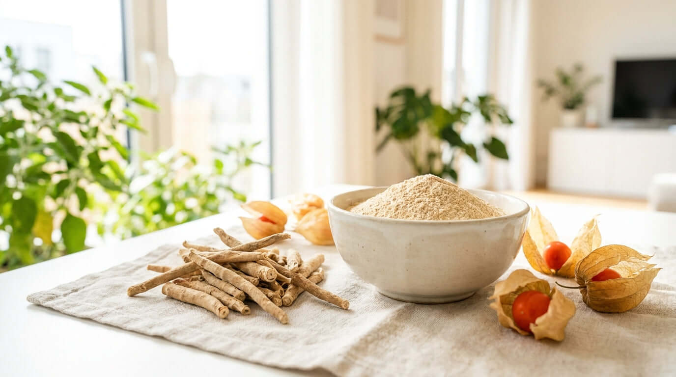 Getrocknete Ashwagandha-Wurzeln auf Leinen neben einer Schale mit beigem Wurzelpulver