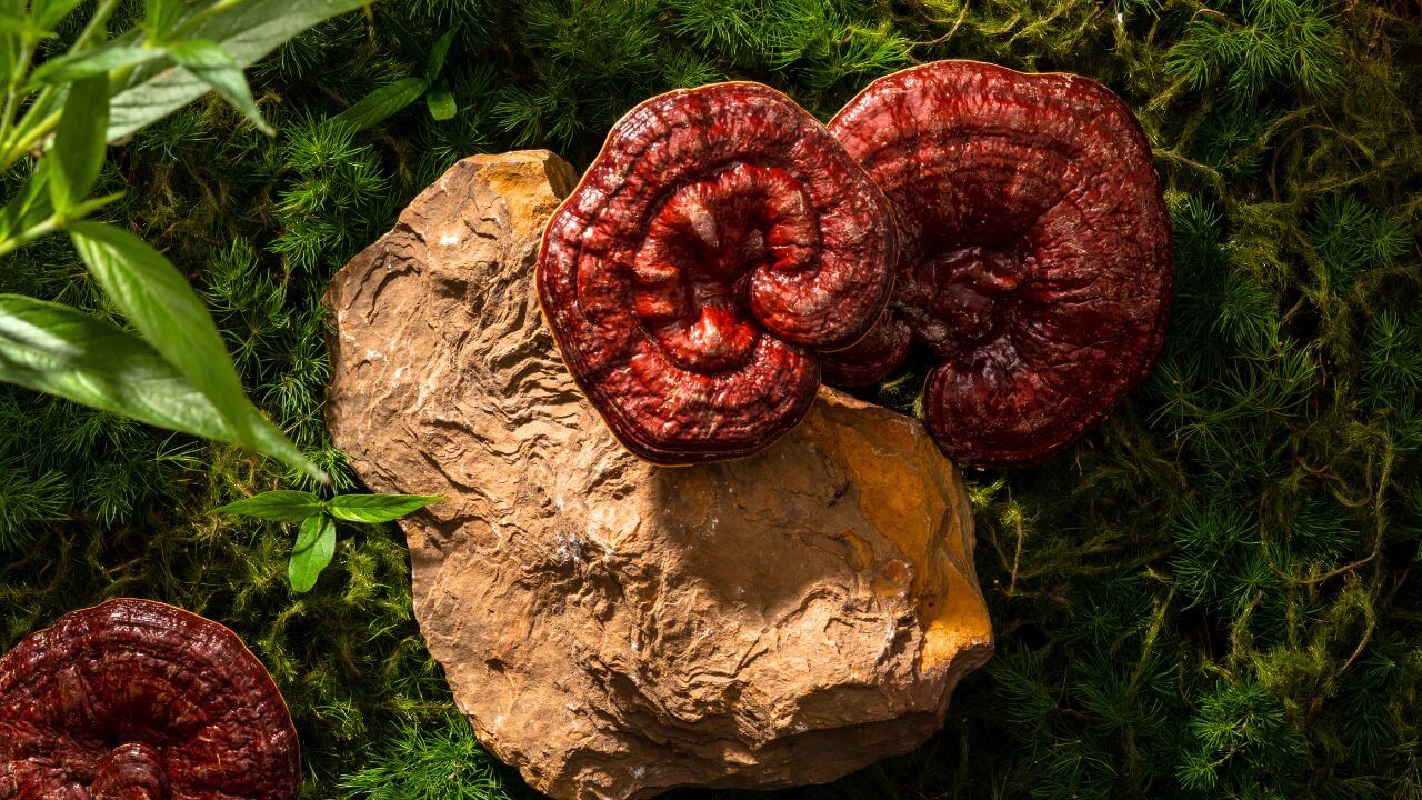 Reishi - Ein Blick auf einen sehr interessanten Pilz, Ganoderma lucidum, auf einer Holzoberfläche in der Natur.