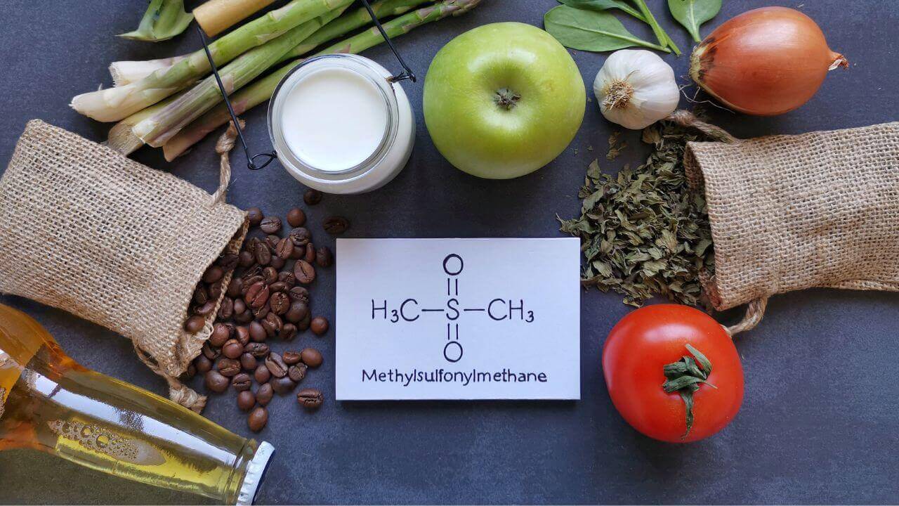 MSM - Organic sulfur with foods and chemical structural formula.