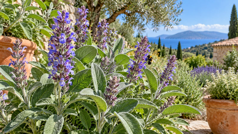Blühender Echter Salbei mit violetten Blütenähren und einer Hummel in einem sonnigen Kräutergarten am Mittelmeer