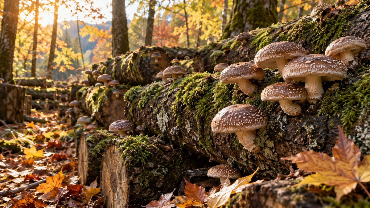 Frische Shiitake wachsen aus moosbedeckten Eichenstämmen im herbstlichen Wald