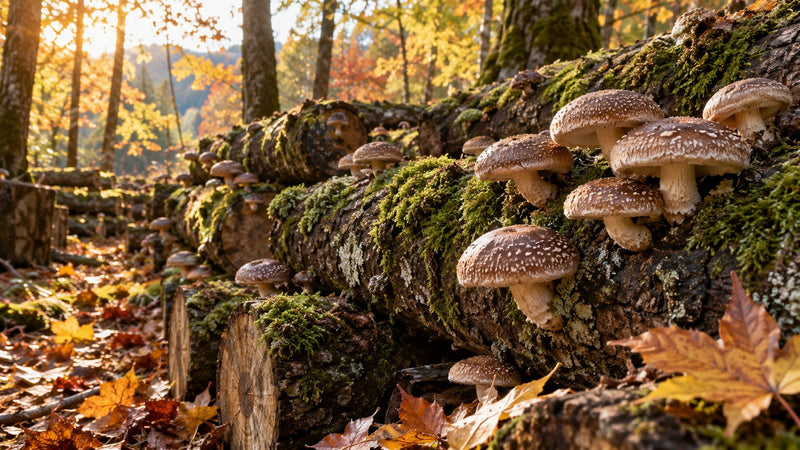 Frische Shiitake wachsen aus moosbedeckten Eichenstämmen im herbstlichen Wald