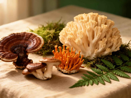 Symbol for medicinal mushrooms with stylized blue mushrooms.