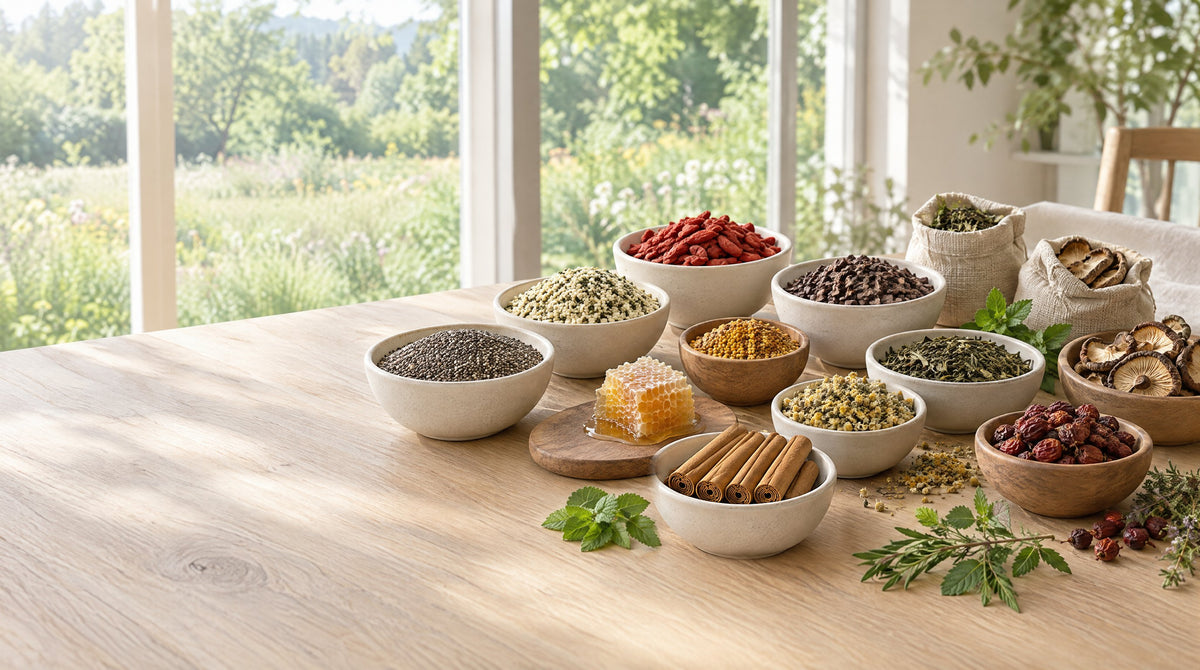 Heller Holztisch am Fenster mit Schalen voller Bio-Rohstoffe wie Chiasamen, Goji-Beeren, Hanfsamen, Kakao-Nibs, Wabenhonig und Ceylon-Zimt