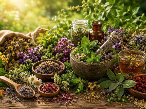 Bio teas: Fresh herbs and teas on a wooden table with a mortar and bowls.
