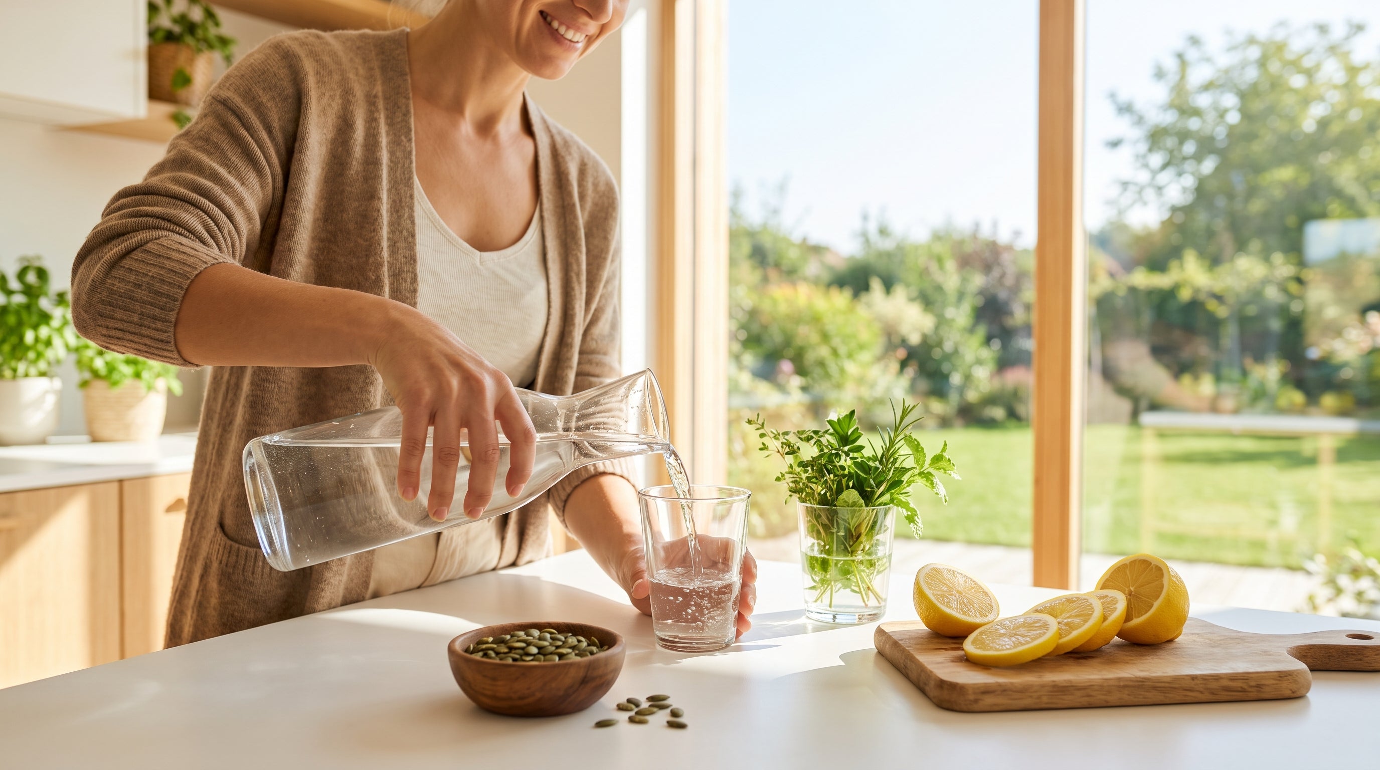 Heller Frühstückstisch am Fenster, Wasser wird in ein Glas gegossen