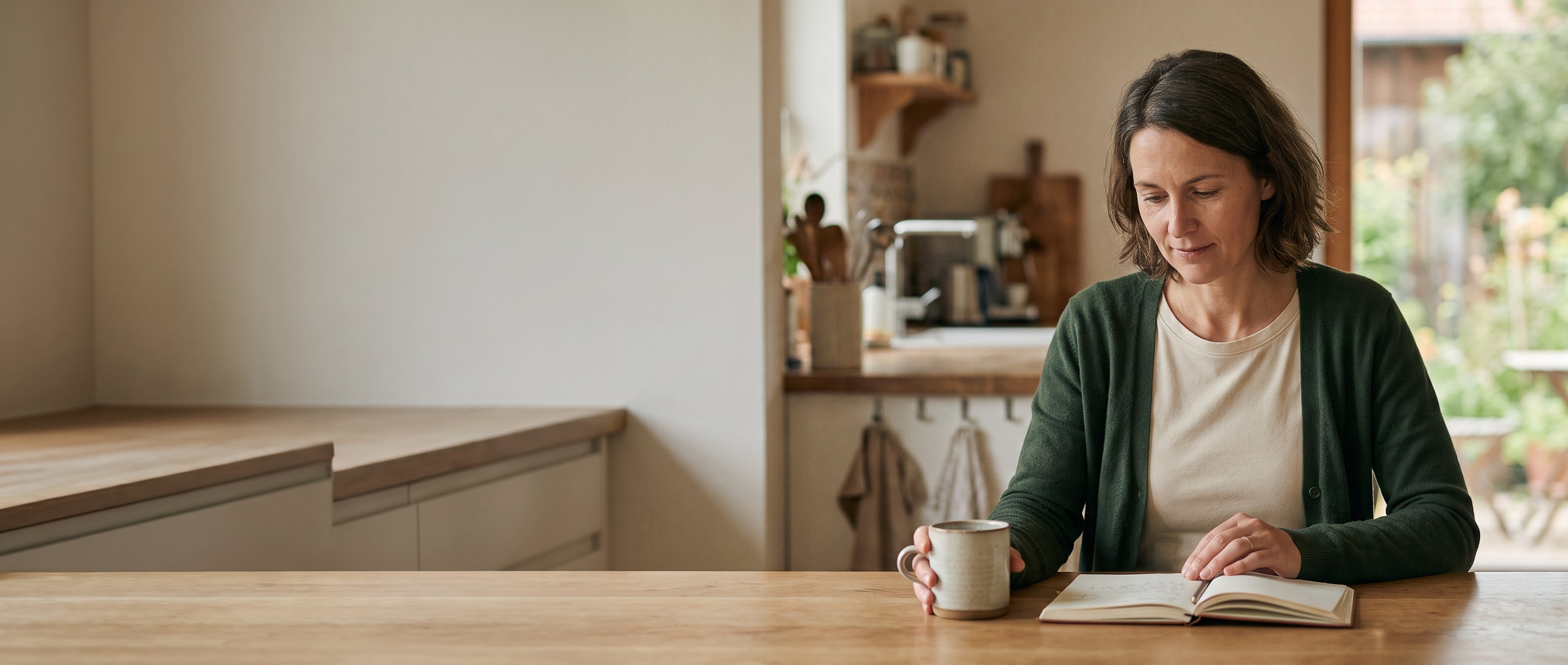 Frau Anfang 40 sitzt morgens mit einer Tasse am Küchentisch und blättert in einem Notizbuch