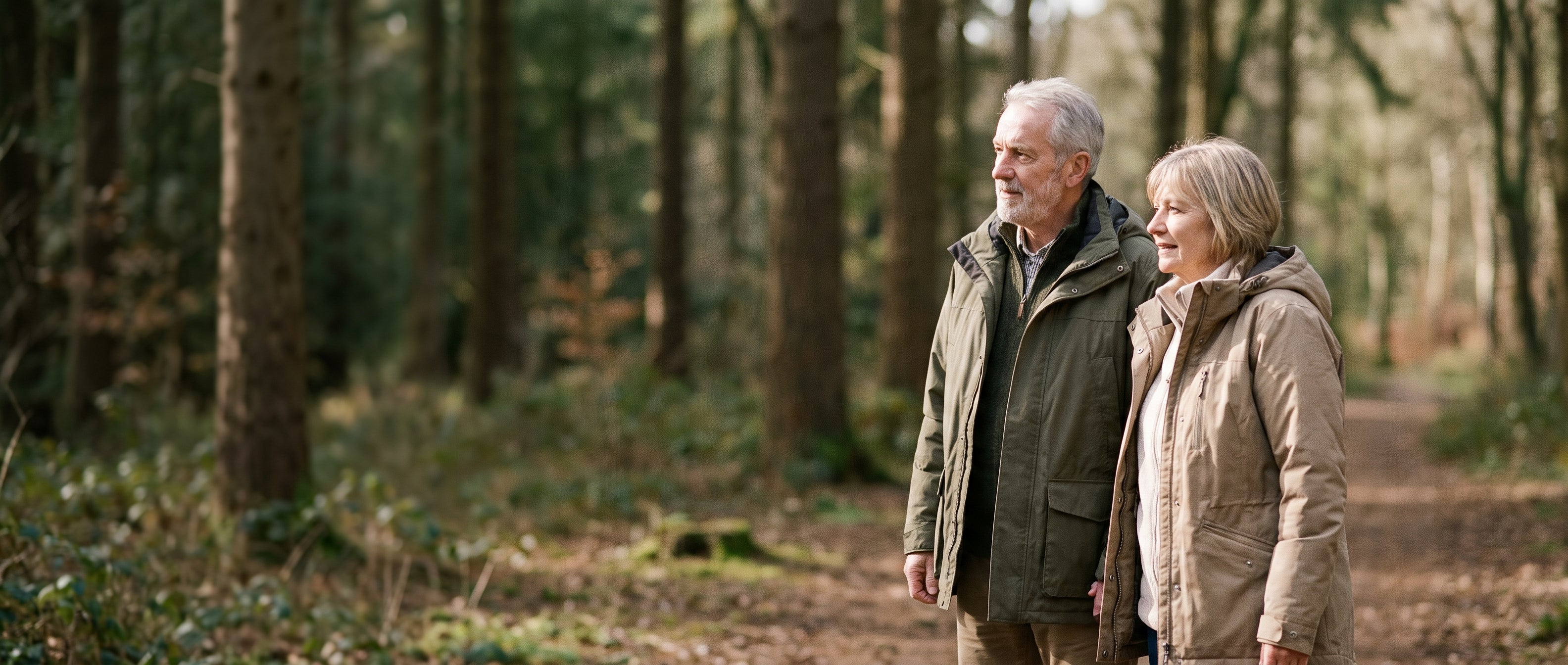 Paar um die 60 geht in Outdoorjacken einen Waldweg entlang