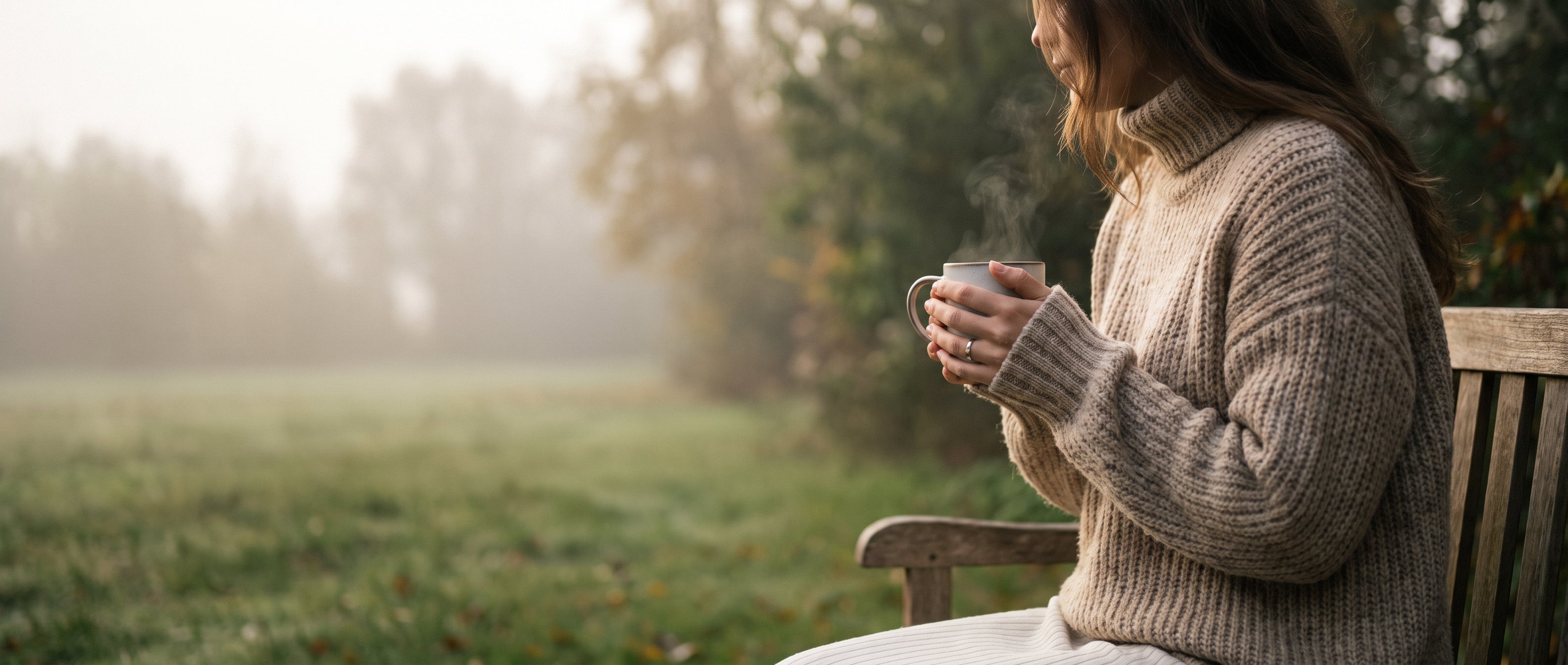 Frau im Strickpullover hält an einem nebligen Herbstmorgen eine dampfende Tasse im Garten