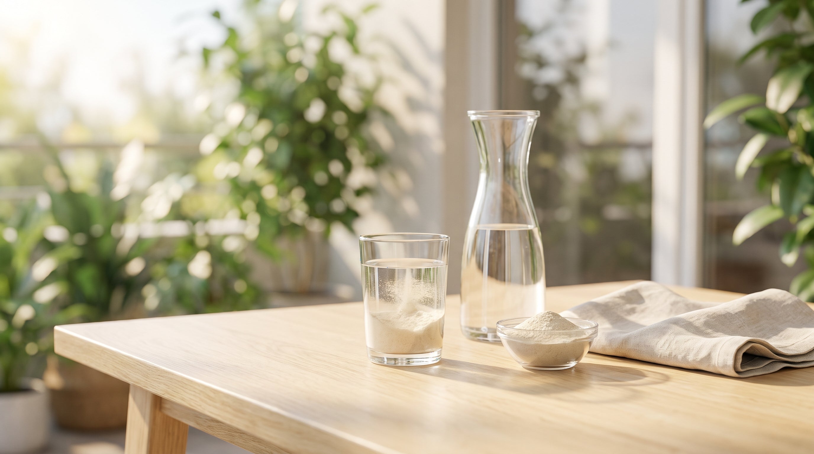 Glas Wasser und Karaffe auf einem Holztisch auf sonniger Terrasse