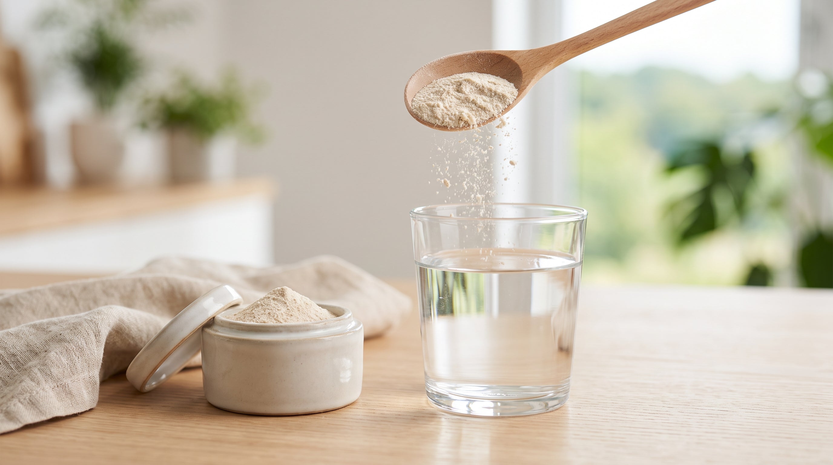 Holzlöffel mit hellem Pulver über einem Glas Wasser