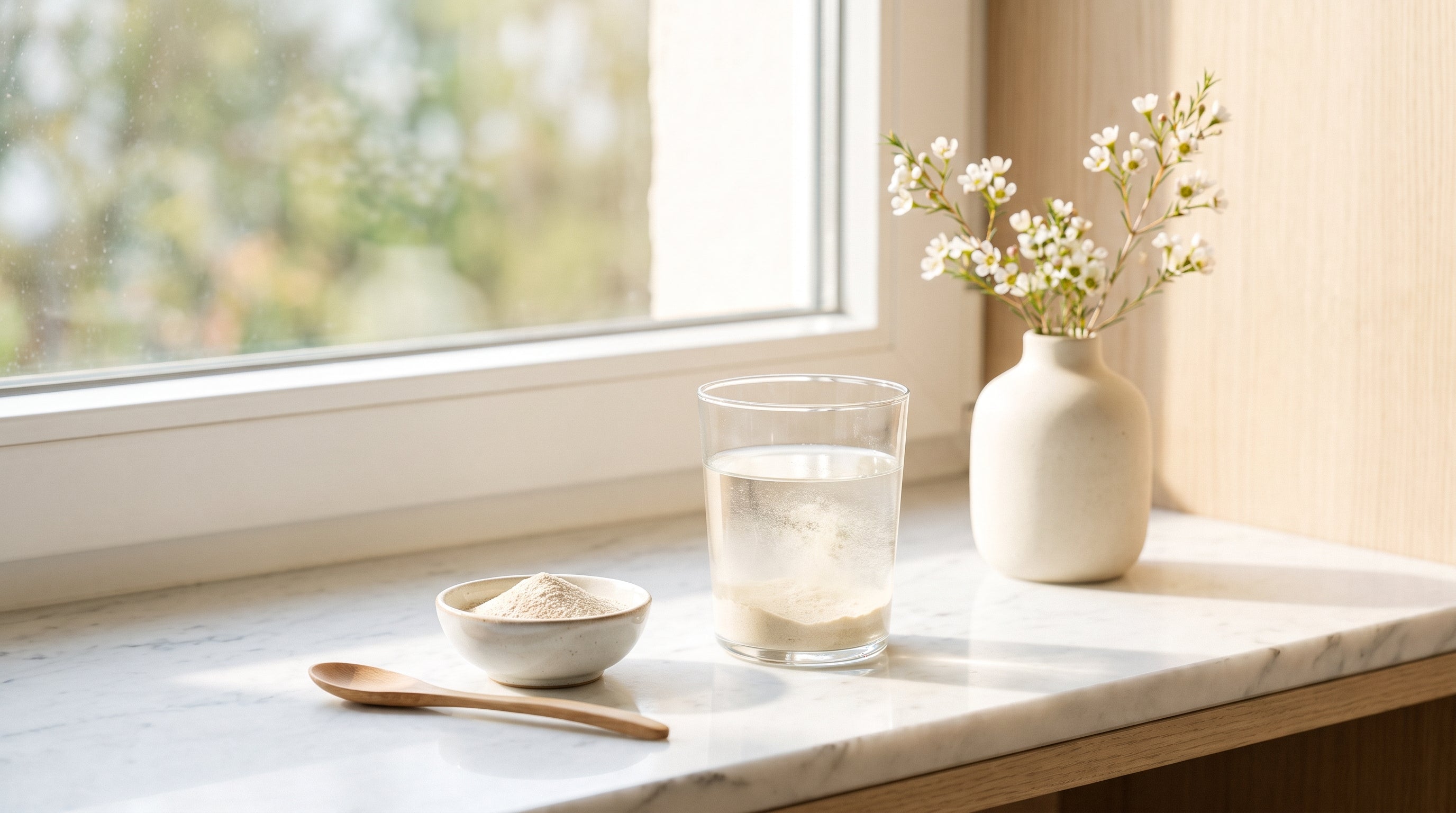 Glas Wasser, Pulverschale und weiße Blüten auf heller Marmorfläche