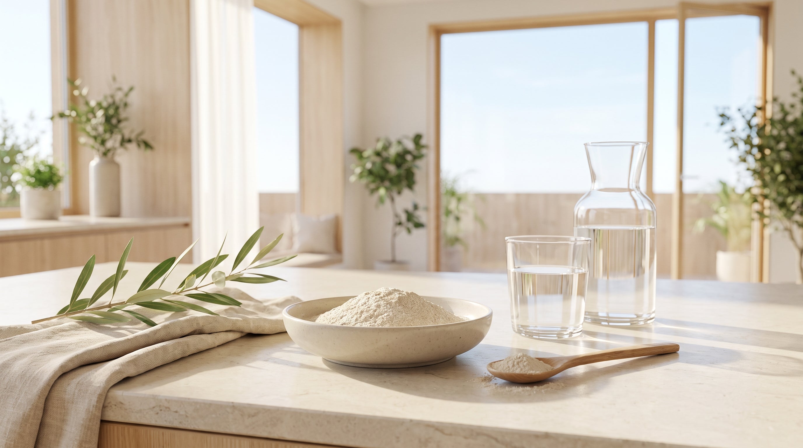 Keramikschale mit feinem hellem Pulver, Holzlöffel und ein Glas Wasser