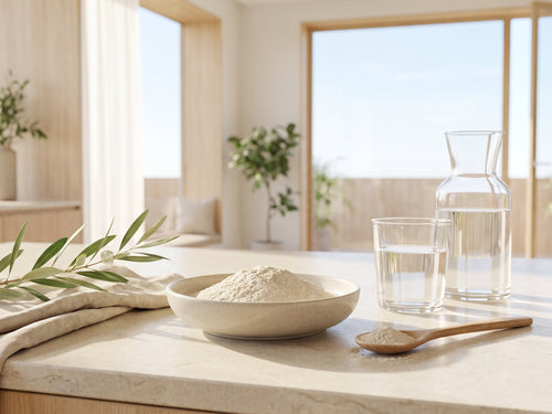 Keramikschale mit feinem hellem Pulver, Holzlöffel und ein Glas Wasser