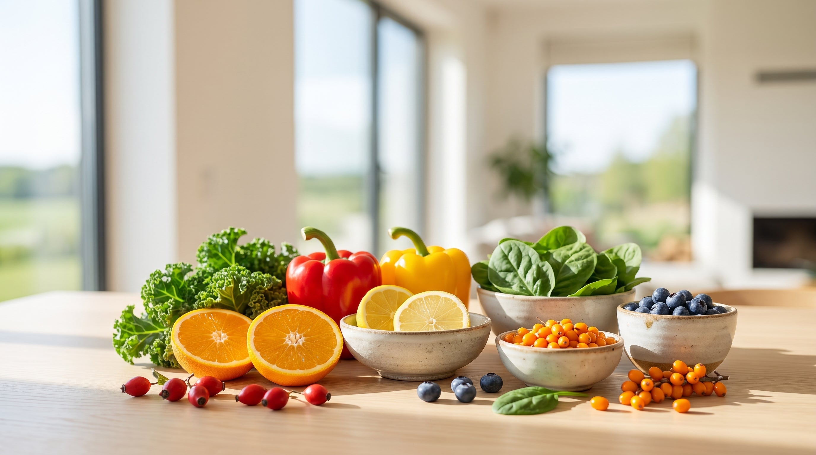 Orangen, Paprika, Blattgemüse und Beeren auf hellem Holz