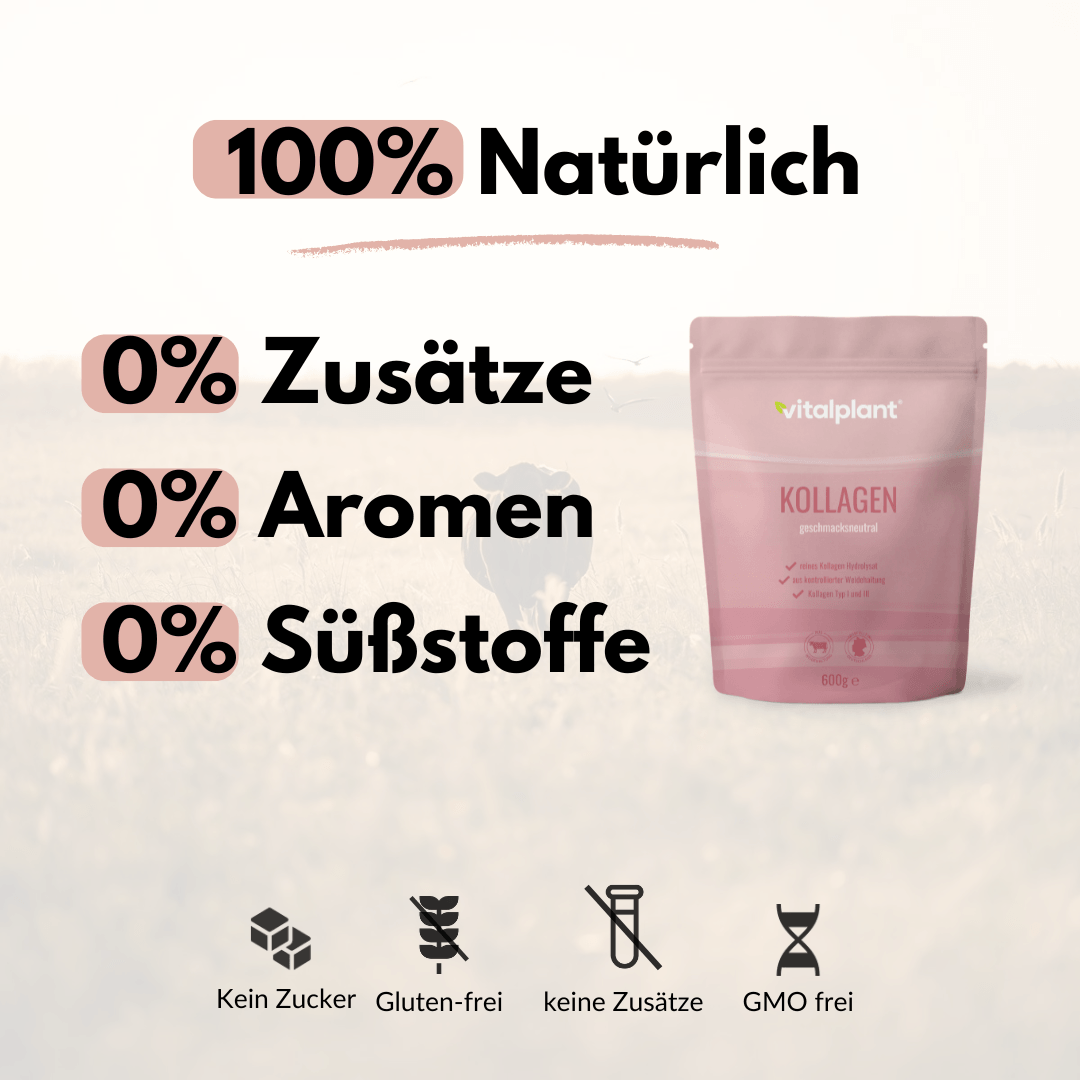 Collagen product packaging from vitalplant, 100% natural with no sugar, flavorings or sweeteners, ideal for a mindful diet.
