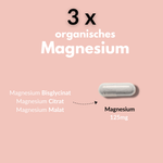 3 x organisches Magnesium: Magnesium Komplex mit Bisglycinat, Citrate und Malat, 125mg Magnesium.
