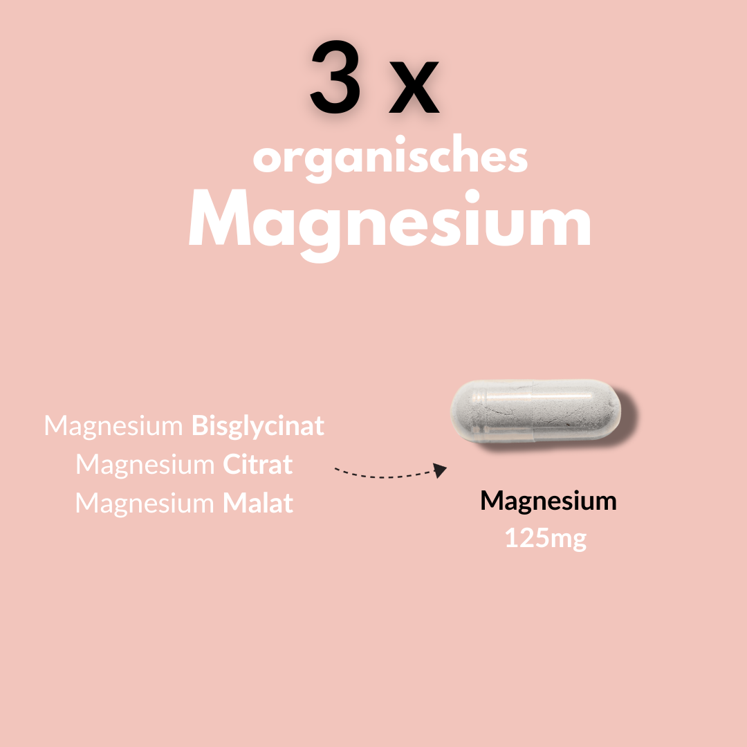 3 x organisches Magnesium: Magnesium Komplex mit Bisglycinat, Citrate und Malat, 125mg Magnesium.