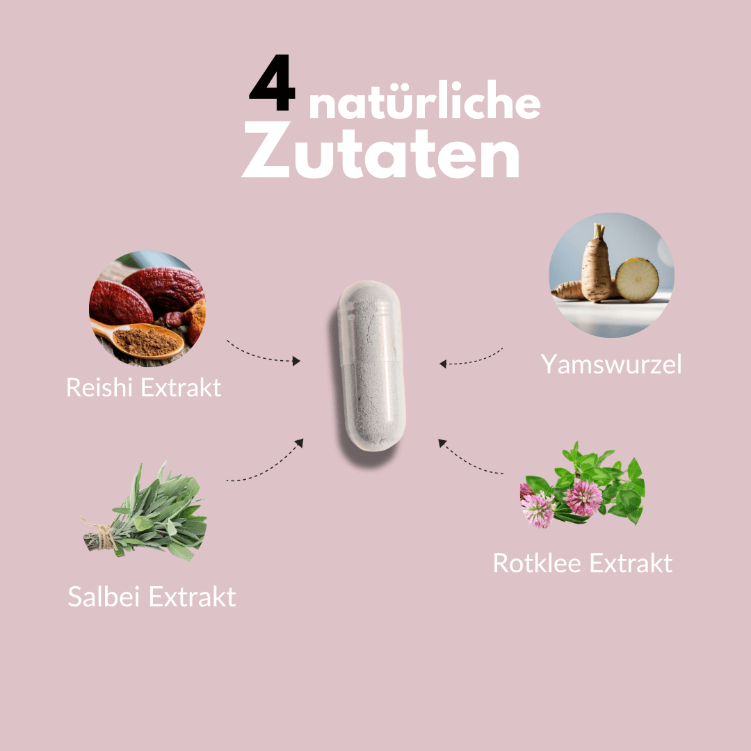 Meno Vital Kapseln für Wechseljahre mit Yamswurzel, Rotklee, Salbei und Reishi Extrakt.