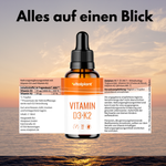 Aufgeklapptes Etikett der Vitamin D3 + K2 Tropfen mit Inhaltsstoffen und Verzehrempfehlung