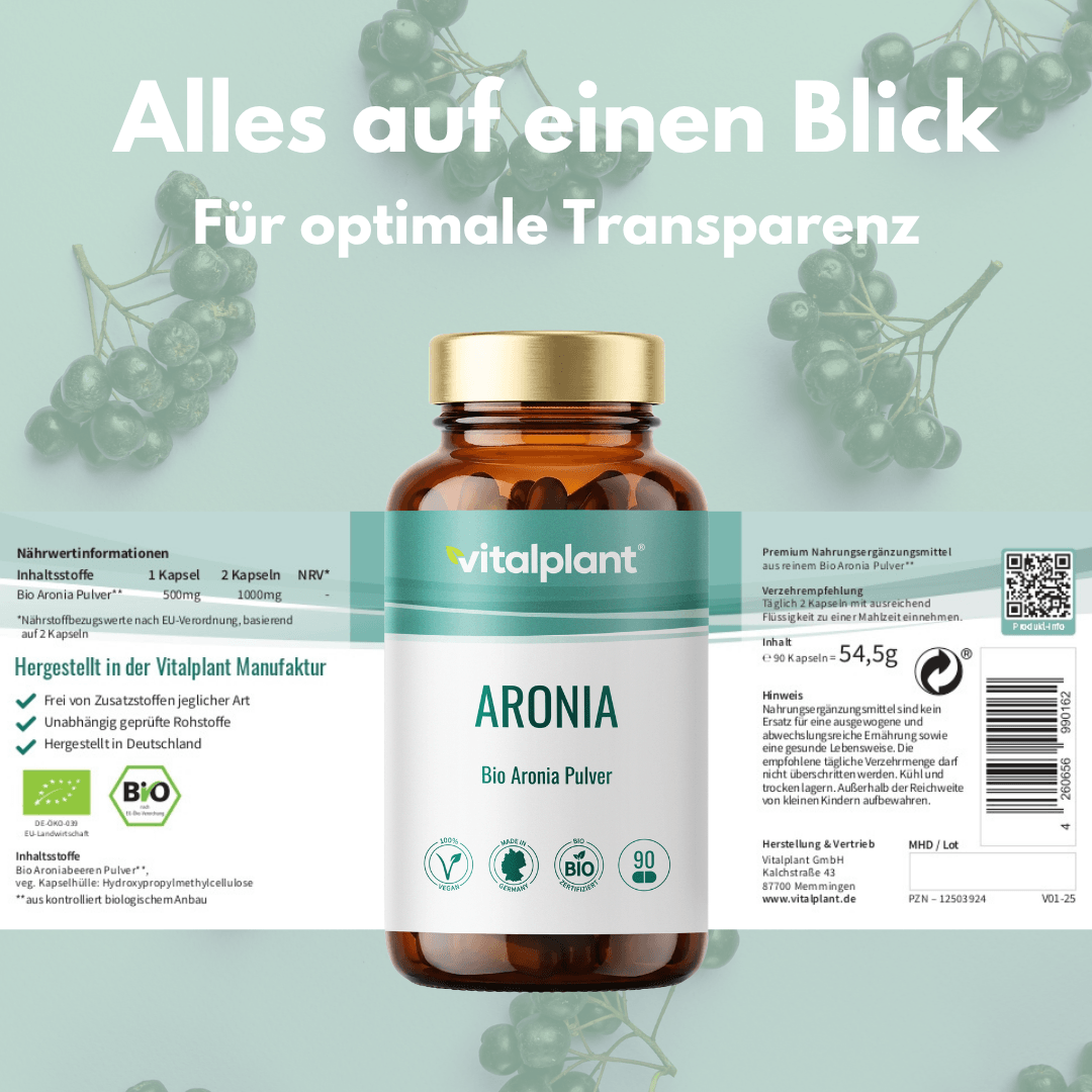 Bio aronia capsules from vitalplant with nutritional values and transparent information.