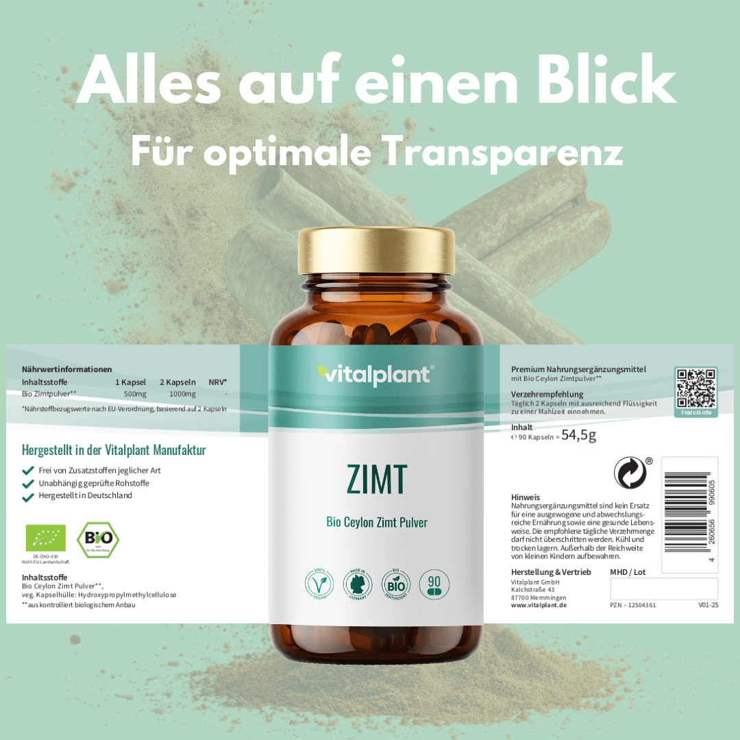 Bio Zimt Kapseln von Vitalplant mit Ceylon Zimt Pulver in Bio-Qualität.