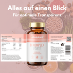 Vitamin B Komplex Forte: Hochdosierter Vitamin B Komplex in Glasflasche mit Nährwertinformationen.