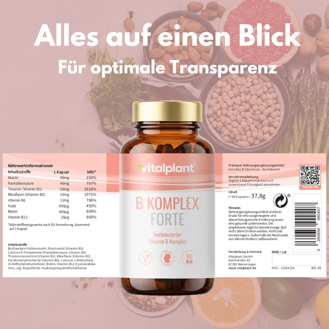 Vitamin B Komplex Forte: Hochdosierter Vitamin B Komplex in Glasflasche mit Nährwertinformationen.