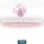 Entwickelt für Gesundheit, Made in Germany, Produkt von Vitalplant, unter Wasser mit rosa Blüten.