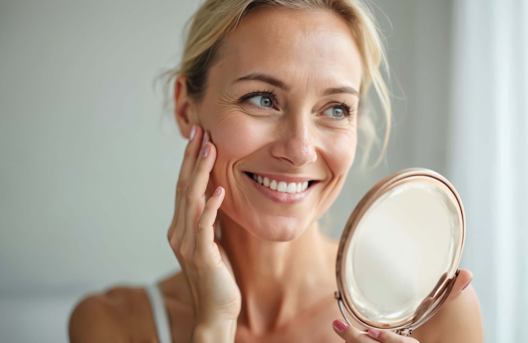 Eine gutaussehende Frau lächelt in einen Handspiegel
