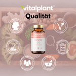 Coenzym Q10 Kapseln von Vitalplant in einem ansprechenden Design mit frischen Zutaten im Hintergrund.