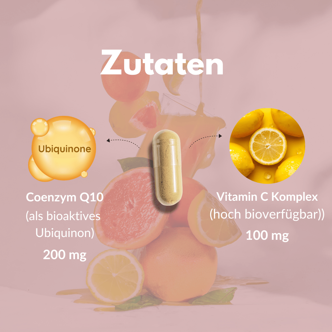 Zutaten: Ubiquinone und Coenzym Q10 Kapsel mit Vitamin C Komplex für zelluläre Energie.
