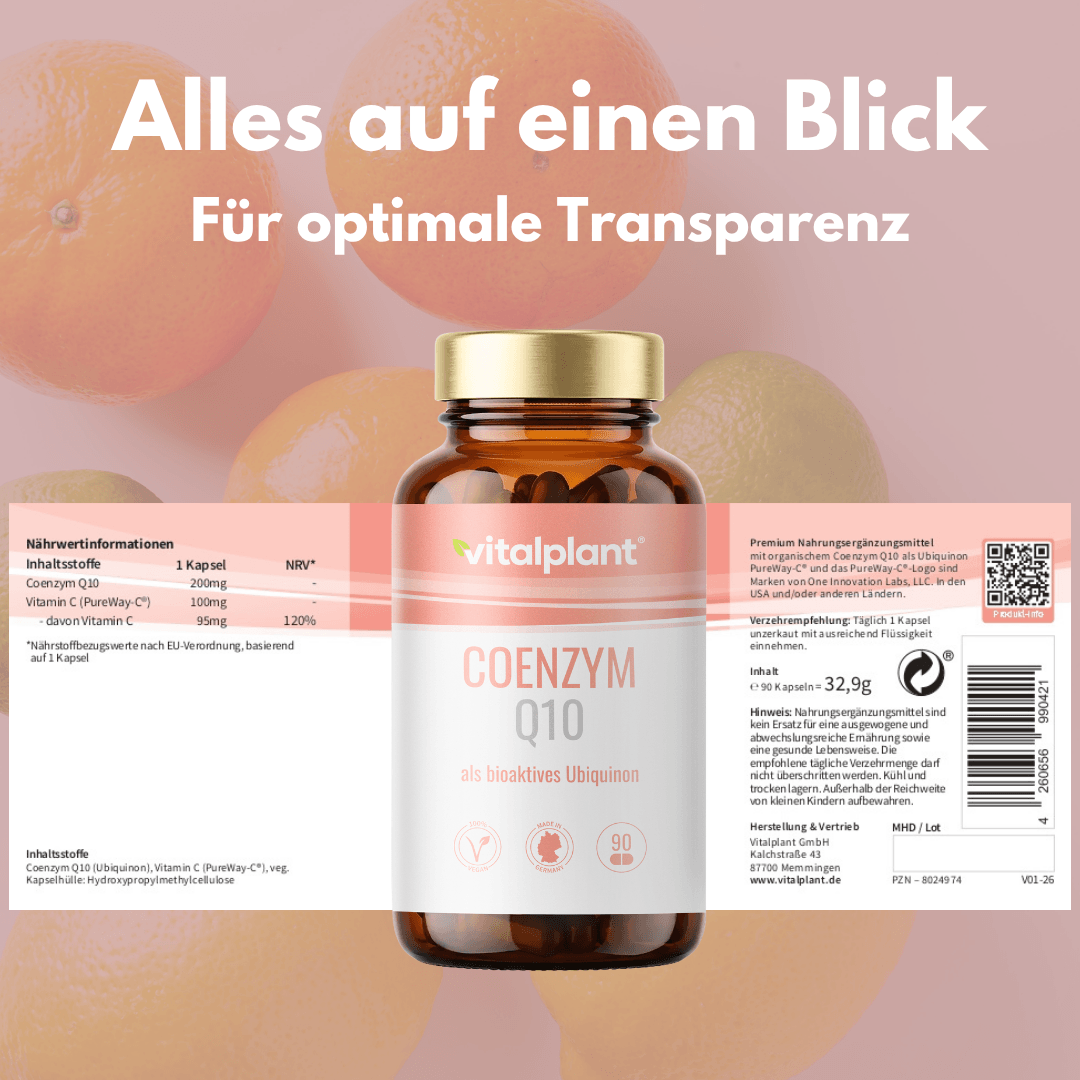 Coenzym Q10 Kapseln in Packung mit Nährwertinformationen und Inhalt für zelluläre Energie.