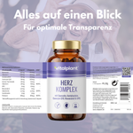 Aufgeklapptes Etikett der Herz Komplex Kapseln mit Nährwertangaben und Zutaten