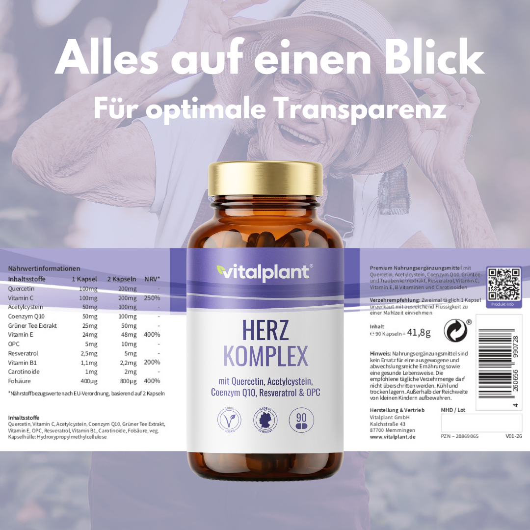 Aufgeklapptes Etikett der Herz Komplex Kapseln mit Nährwertangaben und Zutaten