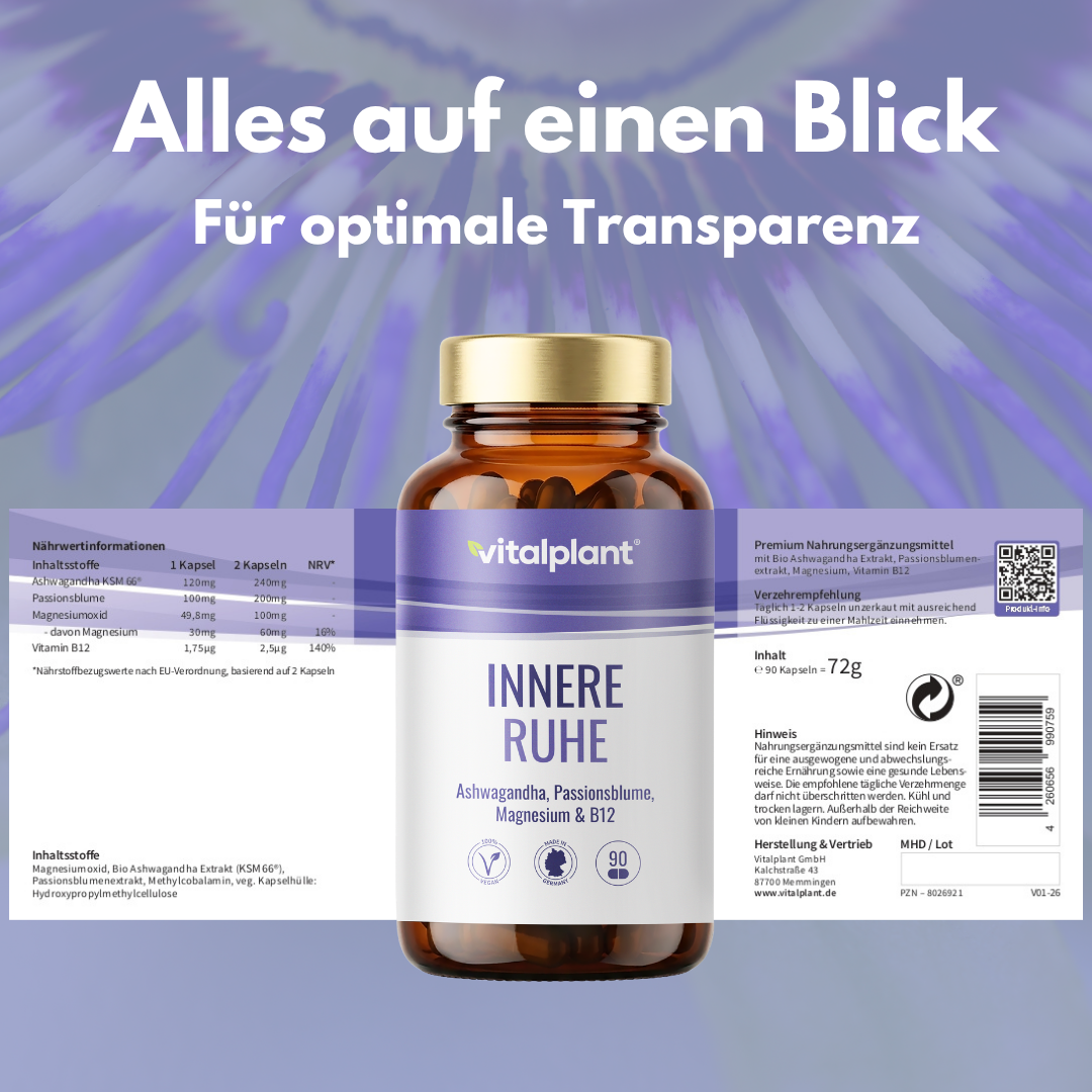 Aufgeklapptes Etikett der Innere Ruhe Kapseln mit Nährwertangaben und Zutaten