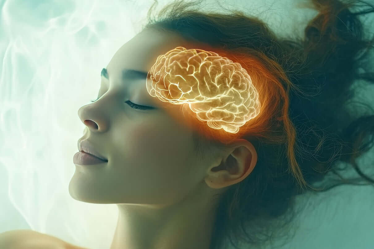 Eine Frau liegt voller Ruhe im Bett, während symbolisch ihr Hirn arbeitet