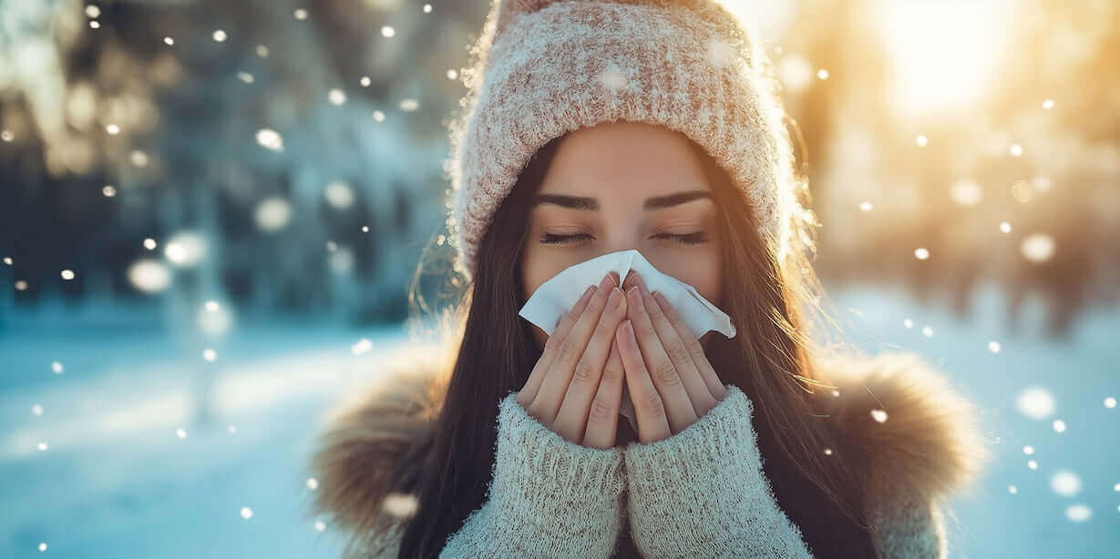 Eine Frau schnäuzt sich die Nase in winterlicher Umgebung