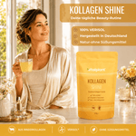 alt
Collagen Shine powder – a woman enjoys a drink with Collagen Shine in a sunny kitchen.