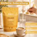 Collagen Shine powder being prepared with water and instructions in a cozy atmosphere.