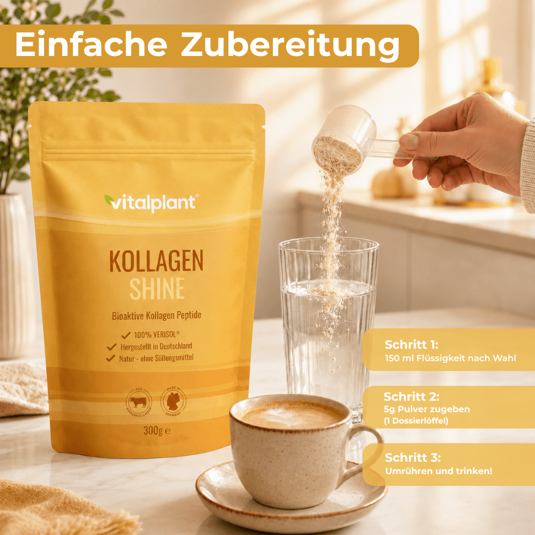 Collagen Shine powder being prepared with water and instructions in a cozy atmosphere.