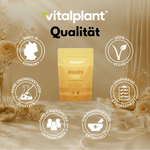 Collagen Shine powder by vitalplant in premium packaging, free from additives, 100% vegan, made in Germany.