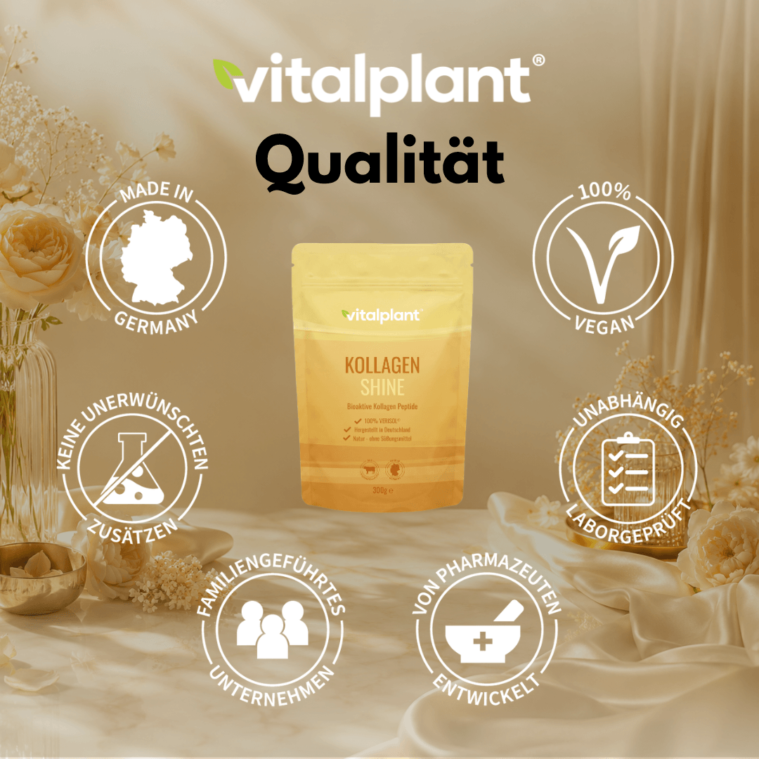 Collagen Shine powder by vitalplant in premium packaging, free from additives, 100% vegan, made in Germany.
