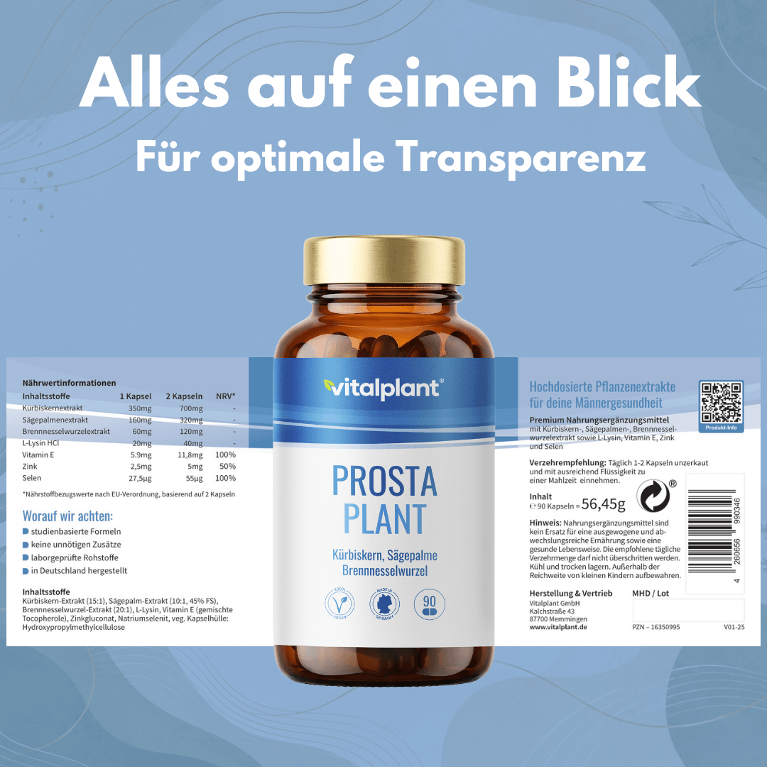 Prosta Plant capsules in packaging with nutrient information for men’s health and transparency.
