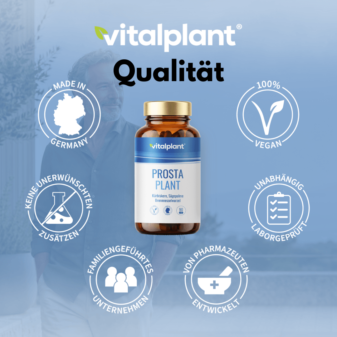 Prosta Plant capsules to support men's health with quality seals and information.